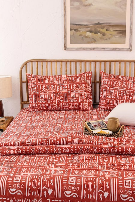 House This Red 100% Cotton Printed Gamathi Double Bed Set