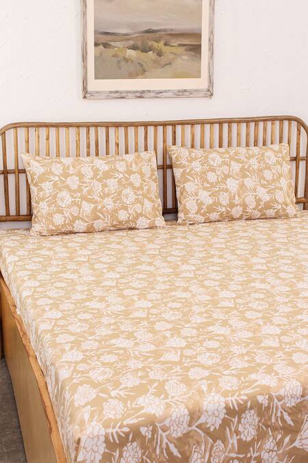 House This_Beige 100% Cotton Printed Genda Phool Double Bed Set_Online_at_Aza_Fashions