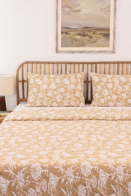 Buy_House This_Beige 100% Cotton Printed Genda Phool Double Bed Set_Online_at_Aza_Fashions