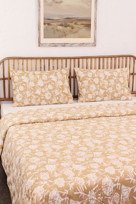 Shop_House This_Beige 100% Cotton Printed Genda Phool Double Bed Set_Online_at_Aza_Fashions