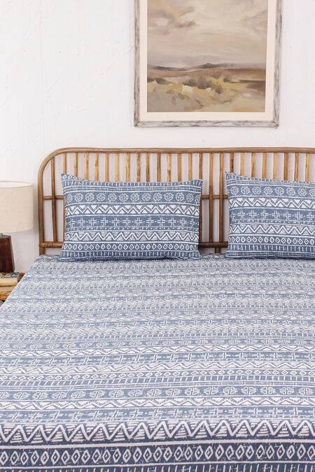 Shop House This Blue 100% Cotton Printed Kullu Patti Double Bed Set at Aza Fashions Shop_House This_Blue 100% Cotton Printed Kullu Patti Double Bed Set_at_Aza_Fashions