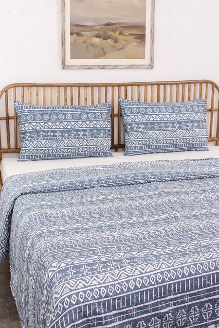 Shop House This Blue 100% Cotton Printed Kullu Patti Double Bed Set Online at Aza Fashions Shop_House This_Blue 100% Cotton Printed Kullu Patti Double Bed Set_Online_at_Aza_Fashions