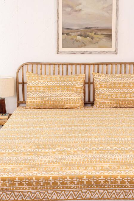 Shop House This Yellow 100% Cotton Printed Kullu Patti Double Bed Set at Aza Fashions Shop_House This_Yellow 100% Cotton Printed Kullu Patti Double Bed Set_at_Aza_Fashions