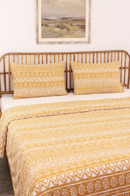 Shop House This Yellow 100% Cotton Printed Kullu Patti Double Bed Set Online at Aza Fashions Shop_House This_Yellow 100% Cotton Printed Kullu Patti Double Bed Set_Online_at_Aza_Fashions