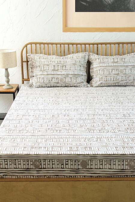Shop House This Grey 100% Cotton Printed Sanchi Double Bed Set at Aza Fashions Shop_House This_Grey 100% Cotton Printed Sanchi Double Bed Set_at_Aza_Fashions