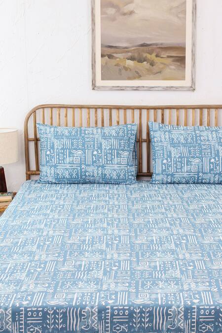 Shop House This Blue 100% Cotton Printed Gamathi Double Bed Set at Aza Fashions Shop_House This_Blue 100% Cotton Printed Gamathi Double Bed Set_at_Aza_Fashions