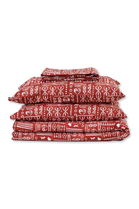 House This Red 100% Cotton Printed Gamathi Double Bed Set at Aza Fashions House This_Red 100% Cotton Printed Gamathi Double Bed Set_at_Aza_Fashions