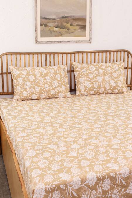 House This Beige 100% Cotton Printed Genda Phool Bed Set Online at Aza Fashions House This_Beige 100% Cotton Printed Genda Phool Bed Set_Online_at_Aza_Fashions