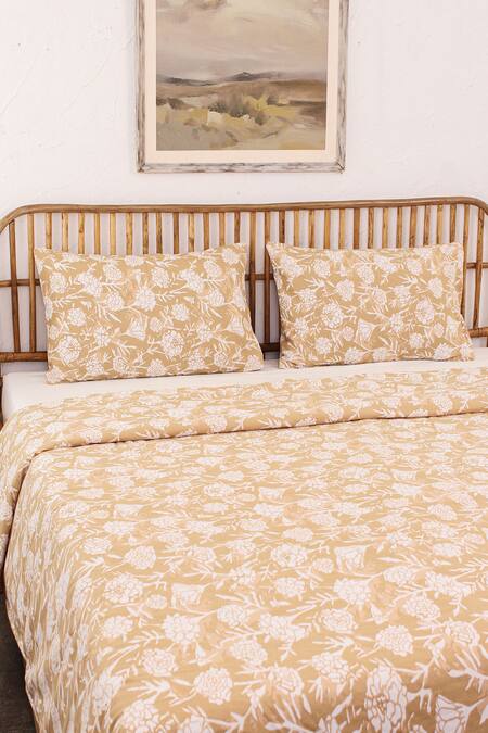 Shop House This Beige 100% Cotton Printed Genda Phool Bed Set Online at Aza Fashions Shop_House This_Beige 100% Cotton Printed Genda Phool Bed Set_Online_at_Aza_Fashions