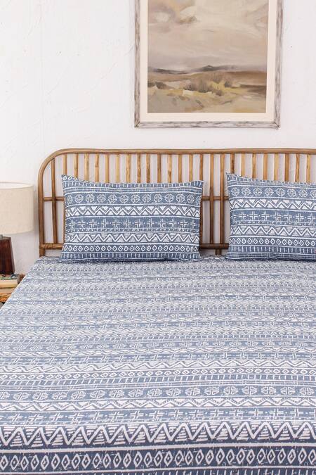 Shop House This Blue 100% Cotton Printed Kullu Patti Double Bed Set at Aza Fashions Shop_House This_Blue 100% Cotton Printed Kullu Patti Double Bed Set_at_Aza_Fashions