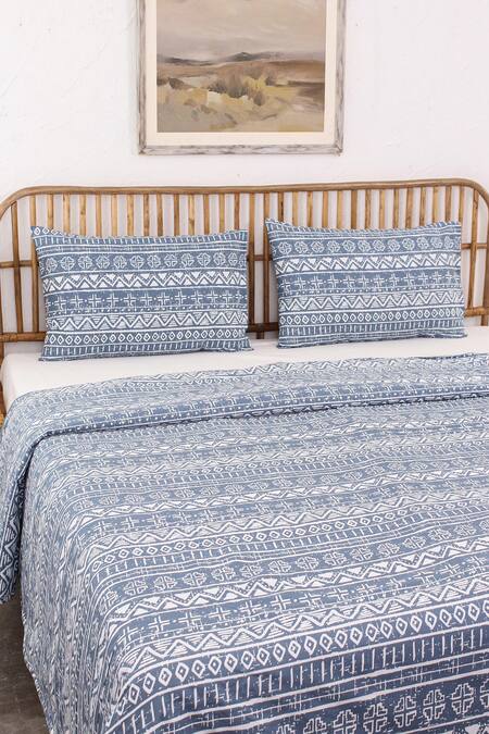 Shop House This Blue 100% Cotton Printed Kullu Patti Double Bed Set Online at Aza Fashions Shop_House This_Blue 100% Cotton Printed Kullu Patti Double Bed Set_Online_at_Aza_Fashions