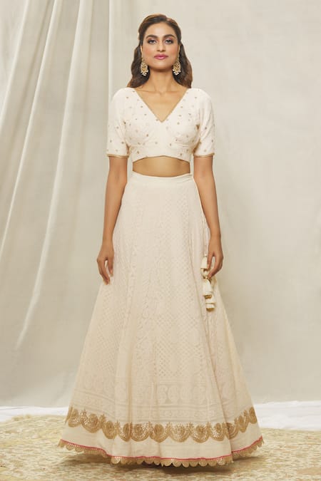 Alaya Advani Off White Georgette Embroidery, Gota Patti V-neck Chikankari Lehenga Set Online at Aza Fashions Alaya Advani_Off White Georgette Embroidery, Gota Patti V-neck Chikankari Lehenga Set_Online_at_Aza_Fashions