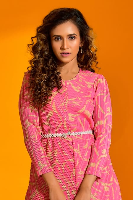 Crimp_Pink Polyester Round Neck Printed Midi Dress_Online_at_Aza_Fashions