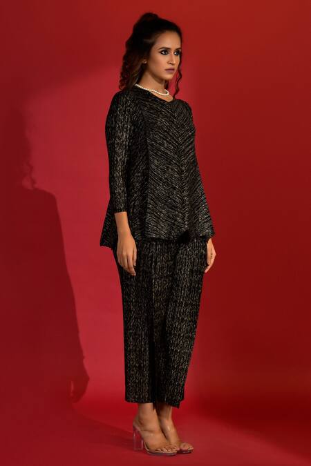 Shop_Crimp_Black Polyester V-neck Metallic Flared Top And Pant Set_at_Aza_Fashions
