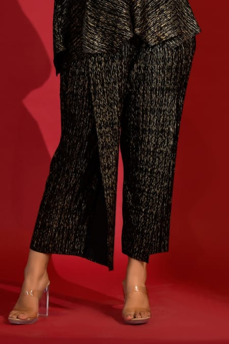 Crimp_Black Polyester V-neck Metallic Flared Top And Pant Set_Online_at_Aza_Fashions