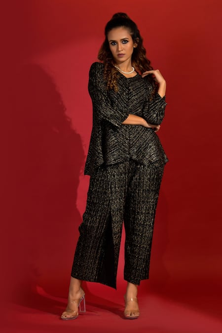 Shop_Crimp_Black Polyester V-neck Metallic Flared Top And Pant Set_Online_at_Aza_Fashions