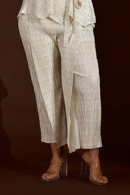 Shop_Crimp_Ivory Polyester V-neck Metallic Top Pant Set_Online_at_Aza_Fashions
