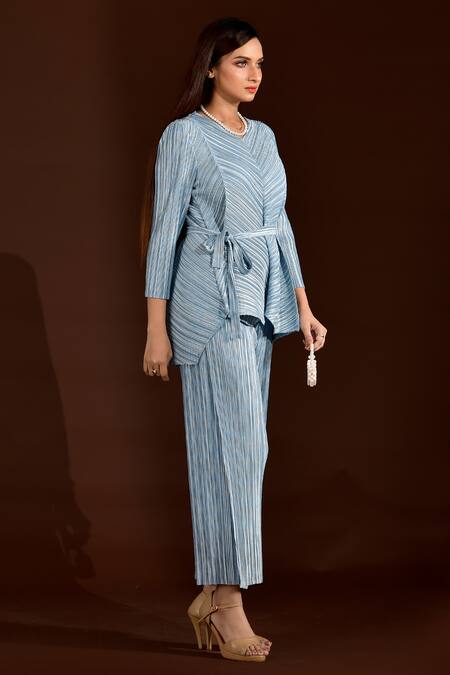 Shop Crimp Blue Polyester V-neck Metallic Top Overlap Pant Set at Aza Fashions Shop_Crimp_Blue Polyester V-neck Metallic Top Overlap Pant Set_at_Aza_Fashions