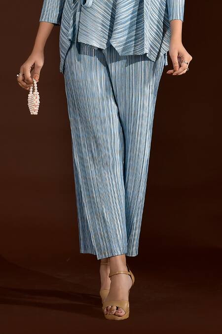 Crimp Blue Polyester V-neck Metallic Top Overlap Pant Set Online at Aza Fashions Crimp_Blue Polyester V-neck Metallic Top Overlap Pant Set_Online_at_Aza_Fashions