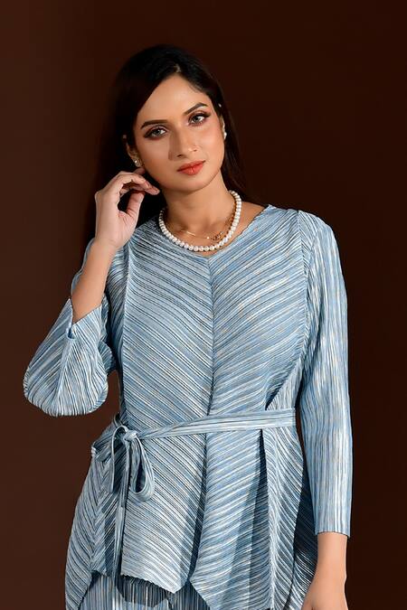 Buy Crimp Blue Polyester V-neck Metallic Top Overlap Pant Set Online at Aza Fashions Buy_Crimp_Blue Polyester V-neck Metallic Top Overlap Pant Set_Online_at_Aza_Fashions