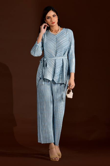 Shop Crimp Blue Polyester V-neck Metallic Top Overlap Pant Set Online at Aza Fashions Shop_Crimp_Blue Polyester V-neck Metallic Top Overlap Pant Set_Online_at_Aza_Fashions