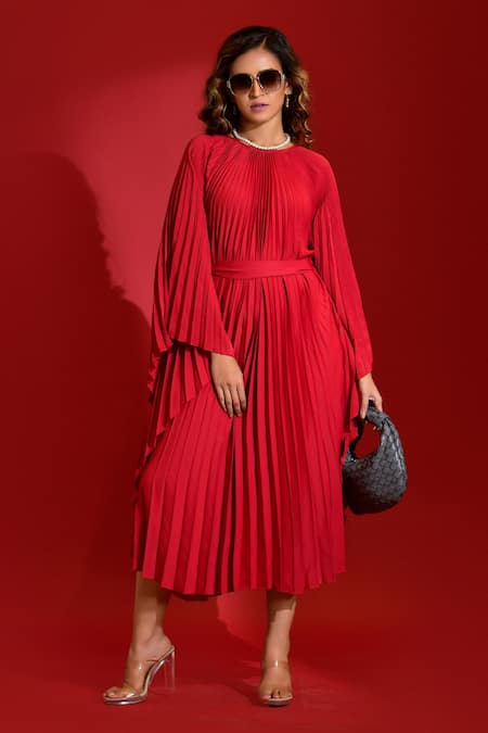 Crimp Red 100% Polyester Round Pleated Kaftan Dress With Belt 