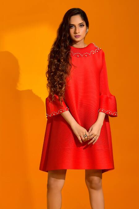 Crimp Red Polyester Pearls Turtle Neck Work Dress Online at Aza Fashions Crimp_Red Polyester Pearls Turtle Neck Work Dress_Online_at_Aza_Fashions