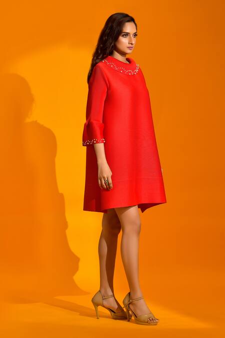 Buy Crimp Red Polyester Pearls Turtle Neck Work Dress Online at Aza Fashions Buy_Crimp_Red Polyester Pearls Turtle Neck Work Dress_Online_at_Aza_Fashions