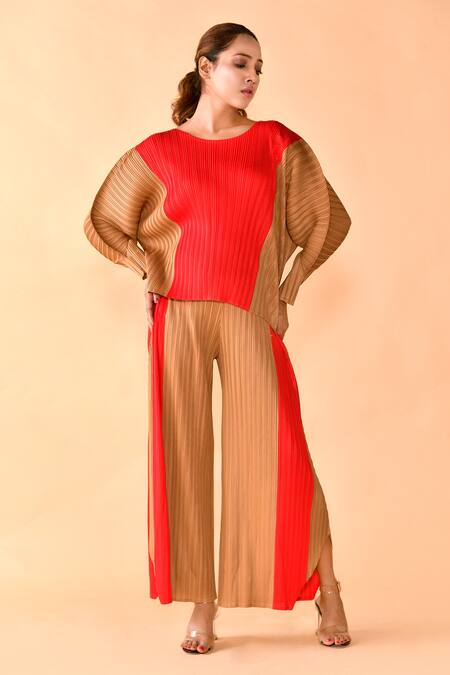 Crimp_Brown Polyester Round Neck Front Panel Top And Pant Set_Online_at_Aza_Fashions