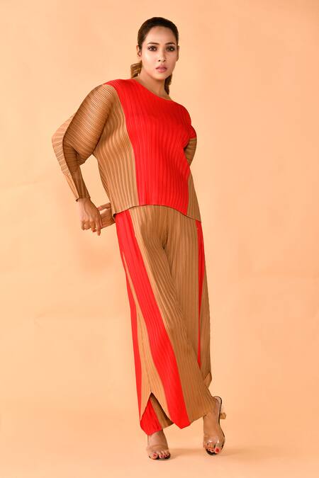 Buy_Crimp_Brown Polyester Round Neck Front Panel Top And Pant Set_Online_at_Aza_Fashions