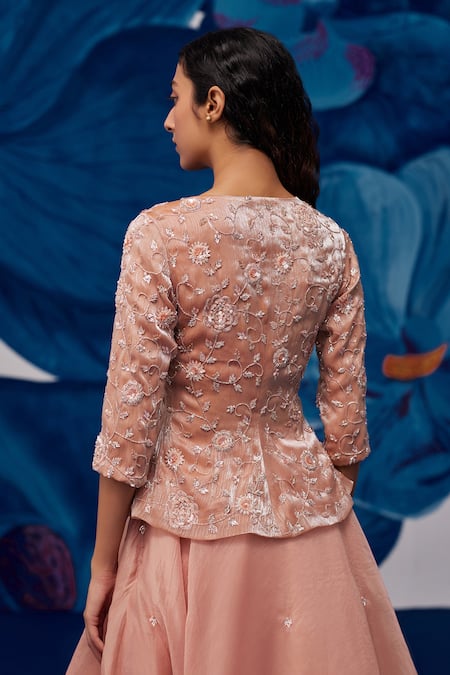 Shop_Zoon_Pink Crepe, , Silk Embroidery, Sequins Floral Jacket Lehenga Set _at_Aza_Fashions