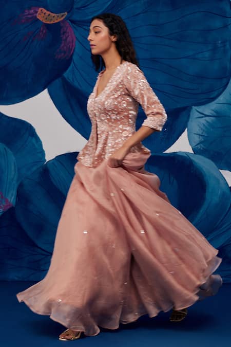 Shop_Zoon_Pink Crepe, , Silk Embroidery, Sequins Floral Jacket Lehenga Set _Online_at_Aza_Fashions