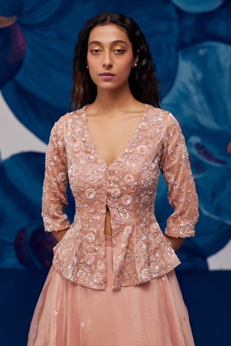 Zoon_Pink Crepe, , Silk Embroidery, Sequins Floral Jacket Lehenga Set _at_Aza_Fashions