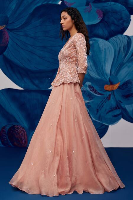 Buy_Zoon_Pink Crepe, , Silk Embroidery, Sequins Floral Jacket Lehenga Set 