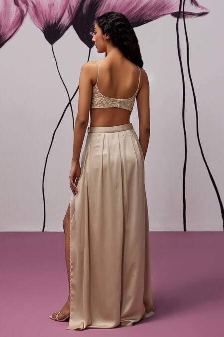 Zoon Beige Satin Sequins Round Neck Floral Embroidered Cape Draped Skirt Online at Aza Fashions Zoon_Beige Satin Sequins Round Neck Floral Embroidered Cape Draped Skirt _Online_at_Aza_Fashions