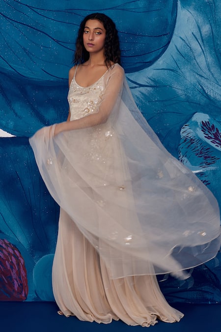 Zoon_Beige Satin, Chiffon, Silk Organza Sequins, Floral Embroidered Kurta Sharara Set _Online_at_Aza_Fashions