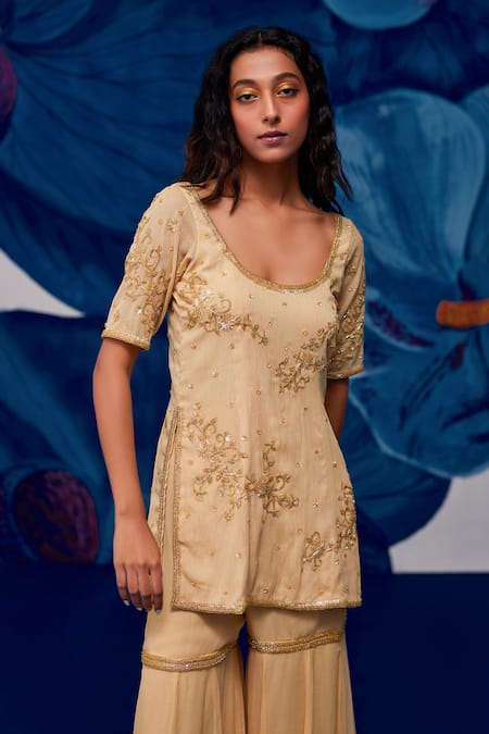 Zoon Gold Georgette, Chiffon, Silk Organza Floral Embroidered Kurta Sharara Set Online at Aza Fashions Zoon_Gold Georgette, Chiffon, Silk Organza Floral Embroidered Kurta Sharara Set _Online_at_Aza_Fashions