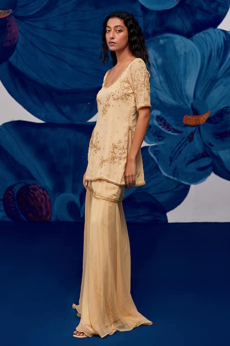 Buy Zoon Gold Georgette, Chiffon, Silk Organza Floral Embroidered Kurta Sharara Set Online at Aza Fashions Buy_Zoon_Gold Georgette, Chiffon, Silk Organza Floral Embroidered Kurta Sharara Set _Online_at_Aza_Fashions