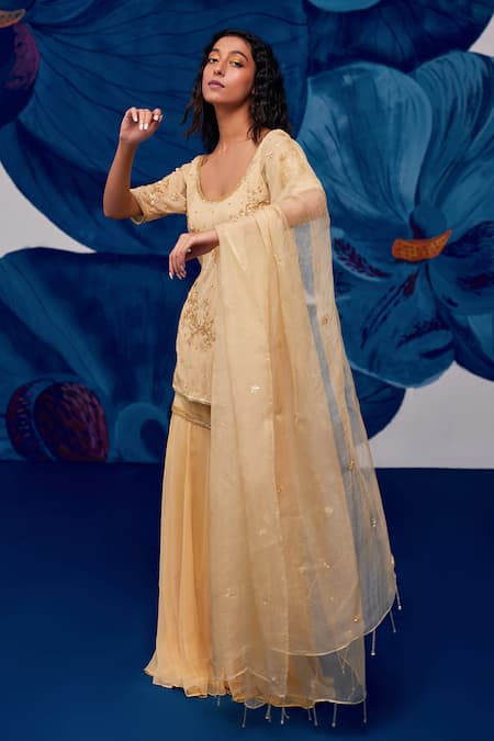 Shop Zoon Gold Georgette, Chiffon, Silk Organza Floral Embroidered Kurta Sharara Set Online at Aza Fashions Shop_Zoon_Gold Georgette, Chiffon, Silk Organza Floral Embroidered Kurta Sharara Set _Online_at_Aza_Fashions