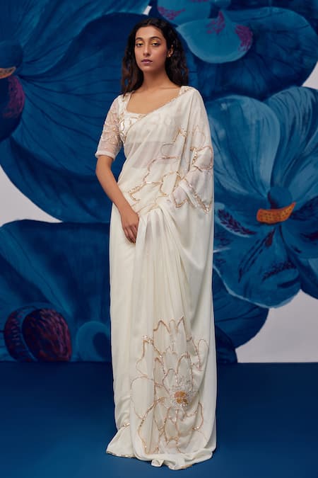 Zoon Floral Sequin Embroidered Pre-Draped Saree With Blouse 