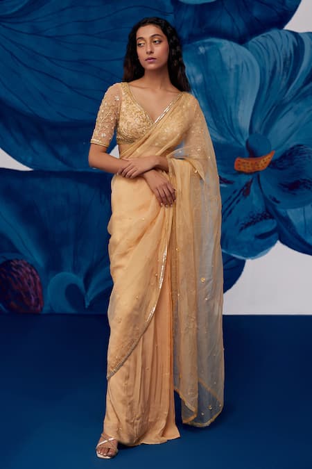 Zoon Sequin Floral Embroidered Pre-Stitched Saree With Blouse 