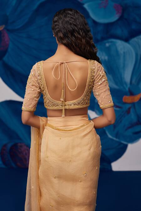 Zoon_Gold Net, Chiffon, Silk Organza Sequins, Floral Pre-stitched Saree With Blouse _Online_at_Aza_Fashions