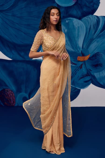 Shop_Zoon_Gold Net, Chiffon, Silk Organza Sequins, Floral Pre-stitched Saree With Blouse _Online_at_Aza_Fashions