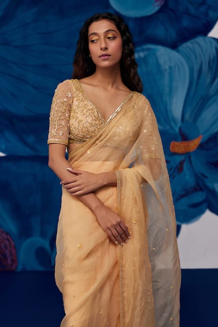 Zoon_Gold Net, Chiffon, Silk Organza Sequins, Floral Pre-stitched Saree With Blouse _at_Aza_Fashions