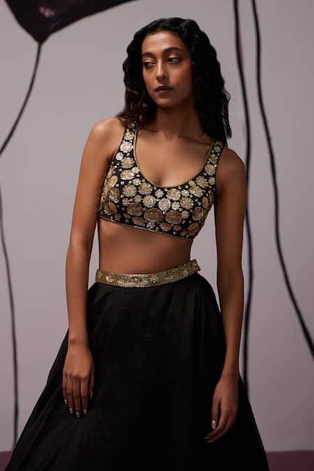 Buy Zoon Black Crepe, Silk Organza Embroidery, Floral Applique Blouse Lehenga Set Online at Aza Fashions Buy_Zoon_Black Crepe, Silk Organza Embroidery, Floral Applique Blouse Lehenga Set _Online_at_Aza_Fashions