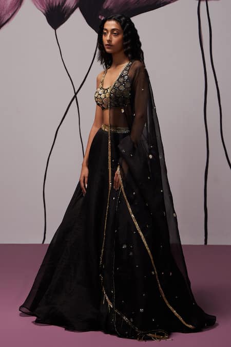 Shop Zoon Black Crepe, Silk Organza Embroidery, Floral Applique Blouse Lehenga Set Online at Aza Fashions Shop_Zoon_Black Crepe, Silk Organza Embroidery, Floral Applique Blouse Lehenga Set _Online_at_Aza_Fashions