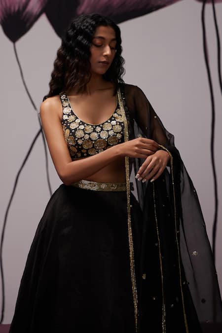 Zoon Black Crepe, Silk Organza Embroidery, Floral Applique Blouse Lehenga Set at Aza Fashions Zoon_Black Crepe, Silk Organza Embroidery, Floral Applique Blouse Lehenga Set _at_Aza_Fashions