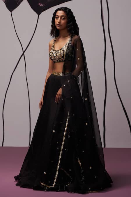 Buy Zoon Black Crepe, Silk Organza Embroidery, Floral Applique Blouse Lehenga Set Buy_Zoon_Black Crepe, Silk Organza Embroidery, Floral Applique Blouse Lehenga Set