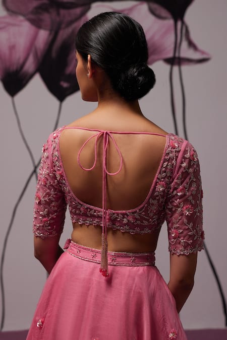 Zoon Pink Crepe, Silk Organza Embroidery, Sequins V-neck Floral Butti Lehenga Set Online at Aza Fashions Zoon_Pink Crepe, Silk Organza Embroidery, Sequins V-neck Floral Butti Lehenga Set _Online_at_Aza_Fashions