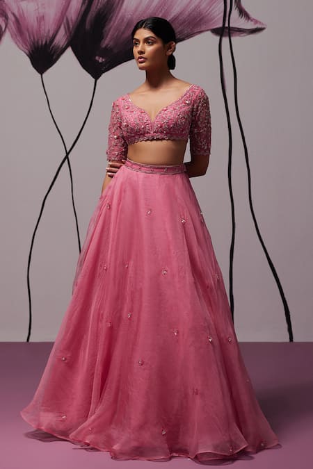 Buy Zoon Pink Crepe, Silk Organza Embroidery, Sequins V-neck Floral Butti Lehenga Set Online at Aza Fashions Buy_Zoon_Pink Crepe, Silk Organza Embroidery, Sequins V-neck Floral Butti Lehenga Set _Online_at_Aza_Fashions